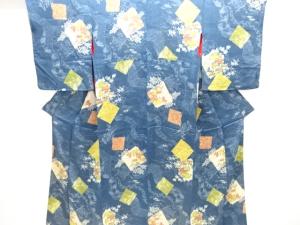 アンティーク　紋錦紗　色紙に梅椿模様着物